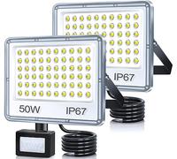TASINUO Faro LED Esterno con Sensore Movimento 50W 2 Pezzi, 5000LM Faretto con Sensore di Movimento, 7000K Faretto LED da Esterno, Impermeabile IP67 Luci per Giardino, Terrazza, Garage