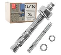 Tasselli Muro 12x160 mm, 25 Pezzi Acciaio Zincato, Bulloni Espansione per Calcestruzzo e Cemento Armato, Tassello Ancorante con Dado e Rondella, Ideale per Pergola, Cancello, Recinzione, Lun Fix