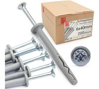 Tasselli muro 6x40 mm con vite premontata, Testa di fungo, per montaggi rapidi, adatti come tasselli per cemento armato e cartongesso, ideali anche per cappotto esterno, 200 Pz. - Lun Fix