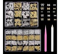 Tastetreasure Kit di 10.000 ciondoli per unghie, color oro e argento, con fiocchi 3D, stelle, cuori, perline di caviale e strass, con penna a cera e pinzette, decorazione metallica di lusso per fai da
