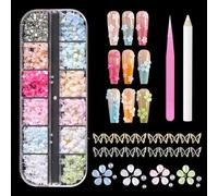 Tastetreasure Kit di 2000 gemme e ciondoli per nail art, petali di fiori 3D, perline di caviale e strass per decorazione unghie, set professionale con penna a cera e pinzette