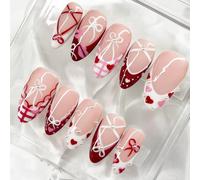 Tastetreasure Press on Nails - Set di 30 stampi per mandorle, a forma di cuore rosso e fiocchi, per unghie artificiali, dimensioni complete con bastone in legno e lima in acrilico, riutilizzabili, da