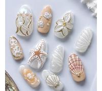 Tastetreasure Press on Nails - Set di 30 stampi per mandorle con design 3D floreale e arancione oceano, per unghie artificiali con conchiglia, stella marina, stick on nails, set con adesivi e