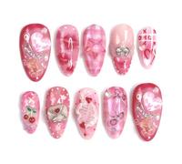 Tastetreasure Press on Nails - Set di 30 unghie finte a forma di mandorla, a forma di cuore e ciliegia, con cuscinetti adesivi e lima per unghie, 3D