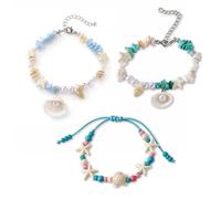 Tastetreasure Set di 3 braccialetti da donna con conchiglie e stelle marine, in stile bohémien, con perle e oceano, fatti a mano, con ciondoli a forma di tartaruga, regalo per vacanze e amicizie per