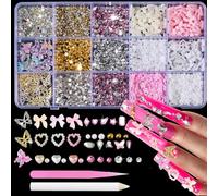 Tastetreasure Set di 3000 pezzi per nail art, strass e ciondoli 3D, mix di farfalle, fiori e pietre preziose con pinzette e matita di cera, set fai da te per unghie, custodie per cellulari