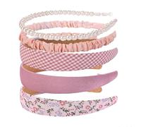 Tastetreasure Set di 5 cerchietti per capelli da donna, colore rosa, imbottiti, larghi e sottili, accessori per capelli per bambine con perle e fiori, fascia vintage Alice per tutti i giorni