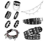 Tastetreasure Y2K - Set di accessori unisex da 10 pezzi, include cintura a stella, cintura con borchie, choker gotico, collana in vita e bracciale, in pelle nera, Streetwear Grunge & Alt, per uomo e