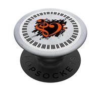 Tasti di pianoforte arancione chiave di basso musicale cuore sopra pennellate PopSockets PopGrip Adesivo