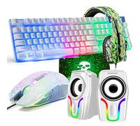 Tastiera da gioco cablata 5 in 1 con layout UK + mouse ottico arcobaleno LED a 6 pulsanti 2400 DPI + cuffie da gioco + altoparlanti RGB + tappetini per mouse per PC (bianco)