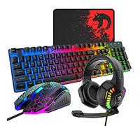Tastiera da gioco cablata e mouse combinata, tastiera cablata retroilluminata a LED arcobaleno, cuffie over-ear con microfono, mouse da gioco retroilluminato arcobaleno, tappetino per mouse, per PC,
