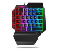 Tastiera da gioco RGB con una mano, tastiera USB cablata con lettere arcobaleno luminose, tastiera con poggiapolsi e tasti multimediali, tastiera ergonomica retroilluminata per giochi