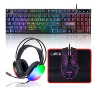 Tastiera da gioco, tappetino per mouse e cuffie con microfono Combo All in One USB Wired RGB retroilluminato arcobaleno pulsante laterale Gamer Bundle Set compatibile con PC Windows Xbox one PS4 PS5