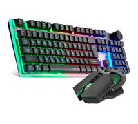 Tastiera da gioco wireless con manopola e mouse Combo USB Dongle 2.4G Batteria ricaricabile 3000mAH Pannello in acciaio retroilluminato RGB 4200DPI Mouse pulsante laterale per PC Laptop Compatibile