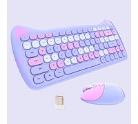 Tastiera e mouse con gatto carino, combinazione wireless, tastiera e mouse Kawaii per ragazze e bambini, tasti colorati insonorizzati, compatibile con notebook, PC (viola-84 tasti)