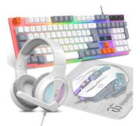 Tastiera e mouse da gioco, cuffie, tappetino per mouse, combo tutto in uno per PC gamer e utenti Xbox e PS4 - bianco grigio arancione