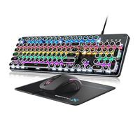 Tastiera e mouse meccanico da gioco per macchina da scrivere, tastiera retrò con pannello in metallo con tasti rotondi blu, retroilluminazione a LED arcobaleno, mouse e pad anti-fantasma a 104 tasti