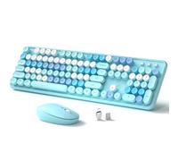 Tastiera e mouse wireless colorati, tastiera retrò stile macchina da scrivere, full-size con tasti rotondi, connessione plug and play a 2,4 GHz per Windows, Mac, laptop, PC, desktop (blu colorato)