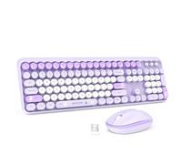 Tastiera e mouse wireless combinati, tastiera colorata retrò con simpatici tasti rotondi a coniglietto, tastiera da ufficio senza fili da 2,4 GHz e mouse silenzioso per Mac/Win/computer/laptop, viola