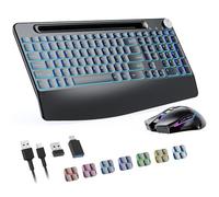 Tastiera e mouse wireless da 2,4 G, ricaricabile, con 7 retroilluminazioni colorate, supporto per telefono, poggiapolsi, mouse jiggler e manopola del volume, tastiera e mouse combo di dimensioni