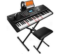 Tastiera elettronica portatile a 61 tasti con tasti illuminati, LCD, cuffie, supporto a X, sgabello, supporto per musica, microfono, adesivi per note, altoparlanti integrati, 3 modalità di