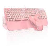 Tastiera meccanica da gioco e mouse combinata, retro punk, tasti rotondi RGB arcobaleno, retroilluminata, con cavo, per giochi e ufficio, per PC portatili Windows, interruttori rossi (rosa)