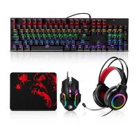 Tastiera meccanica da gioco, mouse e tappetino per mouse e cuffie da gioco, con retroilluminazione LED RGB cablata per PC gamer e utenti Xbox e PS4, edizione 4 in 1