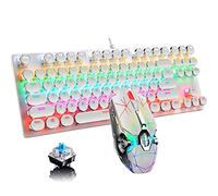 Tastiera meccanica e mouse combinati, 87 tasti, stile retrò punk, con interruttore blu, tastiera retroilluminata RGB arcobaleno, luce di respirazione, leggero mouse da gioco per gioco e ufficio, bianco