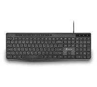 NGS Spectra - Tastiera per computer cablata, USB piatto, layout spagnolo QWERTY, silenziosa e slim, 20 tasti multimediali, resistente agli schizzi, indicatori LED, Plug & Play