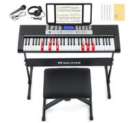 Tastiera per pianoforte a 61 tasti, tastiera elettrica con tasti luminosi, 255 toni/ritmi, sistema di apprendimento intelligente, cuffie, microfono, supporto per tastiera, sgabello, adesivi, set