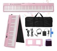 Tastiera per pianoforte a 88 tasti, pieghevole, portatile, con tasti illuminati, pedale professionale, Bluetooth, cuffie, MIDI, 200 suoni, 80 canzoni demo, modalità lezione per principianti, rosa