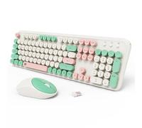 Tastiera wireless con mouse combo, colorata e carina macchina da scrivere, tastiera rotonda color crema, 2,4 GHz, modalità sleep da 2,4 GHz, set di tastiera e mouse wireless per ufficio, per computer