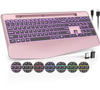 Tastiera wireless con retroilluminazione a 7 colori, poggiapolsi, supporto per telefono, tastiera ergonomica ricaricabile per computer con tasto silenzioso, tastiera illuminata di dimensioni standard