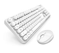 Tastiera wireless e mouse combinata, stile macchina da scrivere retrò con tasti rotondi, 2,4 GHz, mouse con connessione senza interruzione, per computer, PC, desktop, laptop, WindowsxP/7/8/10 (bianco)
