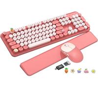 Tastiera wireless e mouse combinata, tastiera per macchina da scrivere con poggiapolsi staccabile, tasti rotondi retrò full-size, Smart-Sleep, connessione stabile a 2,4 GHz per Mac/Windows/PC, Trueque