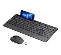 Tastiera wireless e mouse combinata, tastiera per macchina da scrivere di dimensioni standard con supporto per telefono, poggiapolsi, modalità sleep, clic morbido, connessione senza fili da 2,4 GHz