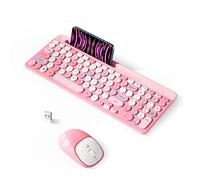Tastiera wireless e mouse combinata, tastiera wireless retrò con tasti rotondi, 2,4 GHz, USB full-size, mouse wireless carino per computer, desktop, laptop e computer (rosa colorato)