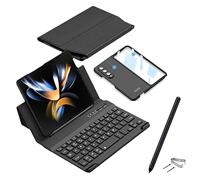 Tastiera wireless per Galaxy Z Fold 4 / Z Fold 3 + custodia filo in pelle + custodia per cellulare compatibile con Samsung Galaxy Z Fold 4 5G Bluetooth Keyboard pieghevole Stand Funda (tastiera con venature + custodia per cellulare + penna)