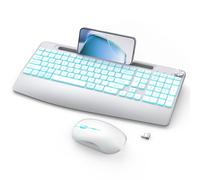 Tastiera wireless ricaricabile e mouse Combo - Tastiera full-size con 7 colori, poggiapolsi, supporto per telefono, manopola del volume, 2,4 GHz per computer, laptop, PC, Mac, Windows, argento