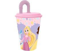 Disney Bicchiere rosa e lilla per bambine in plastica Principesse Belle Cenerentola Rapunzel 430 ml con cannuccia e coperchio flessibile