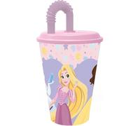 Disney Bicchiere rosa e lilla per bambine in plastica Principesse Belle Cenerentola Rapunzel 430 ml con cannuccia e coperchio flessibile