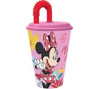 Tataway Disney Bicchiere rosa e rosso per bambine in plastica Minnie 430 ml con cannuccia e coperchio flessibile