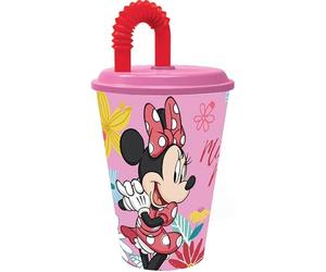 Tataway Disney Bicchiere rosa e rosso per bambine in plastica Minnie 430 ml con cannuccia e coperchio flessibile