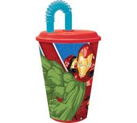 Tataway Marvel Bicchiere rosso e blu per bambini in plastica Avengers Iron Man Hulk 430 ml con cannuccia e coperchio flessibile