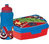 Tataway Marvel Set borraccia da 380 ml e Sandwich Box blu per bambini in plastica Avengers con banda antiscivolo e chiusura di sicurezza