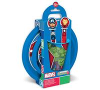 Marvel Set Pappa 5 pezzi rosso e blu in plastica Avengers Hulk Iron Man Captain America Thor piatti bicchiere posate