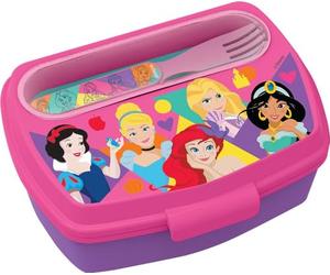 Tataway Sandwich Box + Posate per bambine in plastica, senza BPA, con grafiche delle principesse, con cucchiaino e forchettina lavabili e riutilizzabili