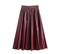 TatbUL Gonna Midi A Pieghe in Ecopelle da Donna, Gonna Semplice al Ginocchio Bordeaux A Trapezio Gonna Elastica A Vita Alta Gonna Lunga Vintage Arricciata per Ragazze E Signore,XXL