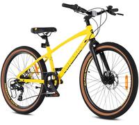 Tatra Bikes Bicicletta per bambini 24 pollici, Bici da 8 a 12 anni con telaio in alluminio, 7 rapporti, freni a disco, campanello, poggiapiedi, catarifrangenti (Nero Giallo)