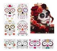 Tatuaggi Di Faccia A Tema Halloween,Tatuaggio Viso Temporaneo,Halloween Tatuaggi Temporanei,Cranio Floreale Rose Rosse Viso Temporaneo Tattoos Adesivi Per Donna Uomo Adulto Bambini Halloween Party